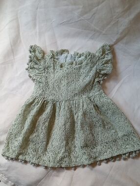 Girls' Lace Pom-Pom Dress in Light Sage
